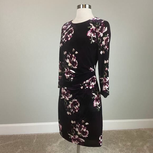 Vince Camuto Velvet Long Sleeve Floral Print Sheath Cocktail Dress Purple Size 8 - Picture 3 of 12